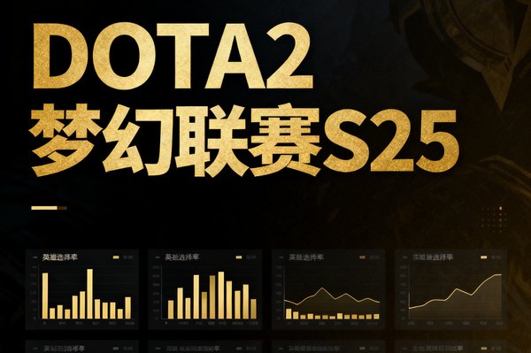 DOTA2梦幻联赛S25赛事数据报告封面缩略图，深色背景上以金色字体标注赛事名称，下方排列着英雄选择率柱状图和胜率曲线的小型图表预览。