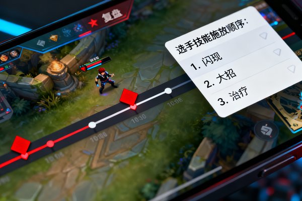 完美世界电竞App新版本功能展示截图，战术复盘界面中一条时间轴被放大显示，关键团战节点用红色菱形标记，旁边弹出选手技能施放顺序的详细列表。