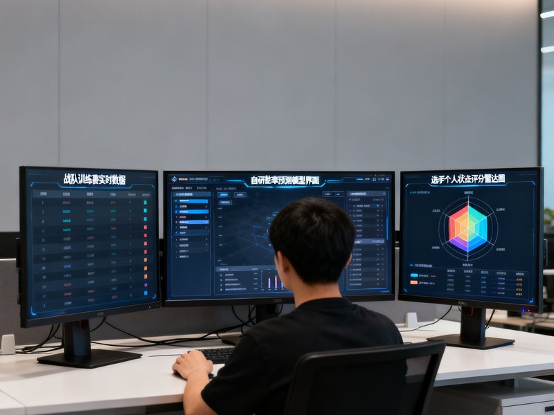 数据分析师在办公室内使用三块显示器同时查看不同赛事数据流，左侧屏幕显示战队训练赛实时数据，中间屏幕运行着自研的胜率预测模型界面，右侧屏幕展示选手个人状态评分雷达图。